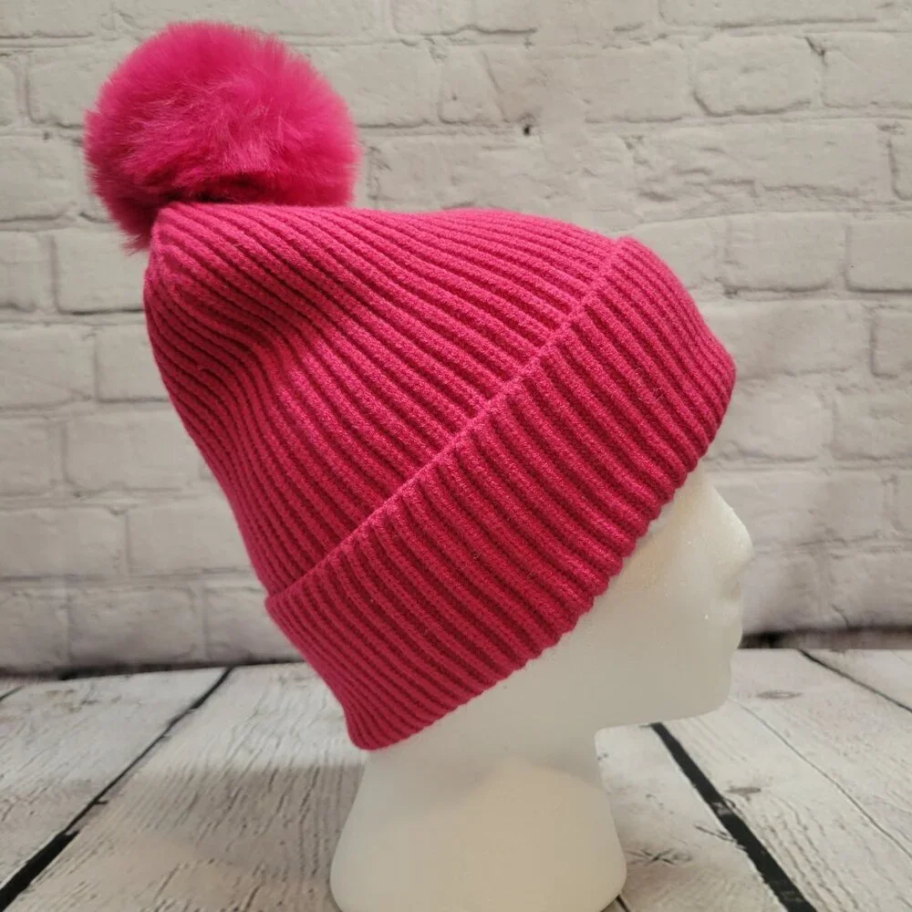 Steve Madden Women's Ribbed Furry Pom Pom Beanie- Pink